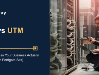 NGFW vs UTM firewall comparison graphic with IT professional working beside an IT network rack