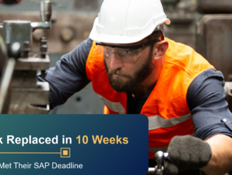 Manufacturing technician working on industrial equipment with overlay highlighting Secureway IT's 10-week plant network replacement case study.