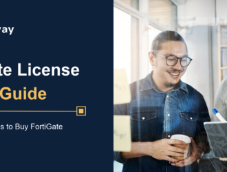 FortiGate License Buying Guide cover from Secureway showing two colleagues smiling at a tablet behind a glass wall with sticky notes, next to the title The 10 Best Places to Buy FortiGate Licenses in 2026