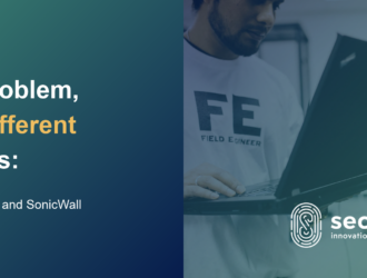 Secureway blog cover titled Same Problem, Three Different Tradeoffs: FortiGate, Meraki, and SonicWall, showing a field engineer working on a laptop beside a server rack full of network cables