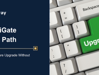 Secureway blog cover titled The FortiGate Upgrade Path: Planning a Firmware Upgrade Without Downtime, showing a computer keyboard with a green Upgrade key in place of Enter